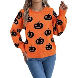 Strentiki Women Orange Pumpkin Halloween Long Sleeve Crew Neck Casual Sweaters